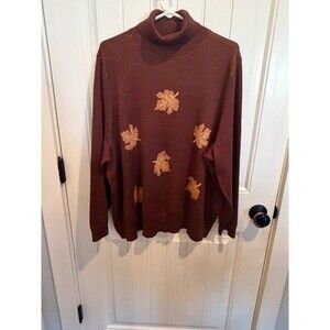 Retrology Womens 3X Brown Turtleneck Sweater Fall Leaves Metallic Plus Size